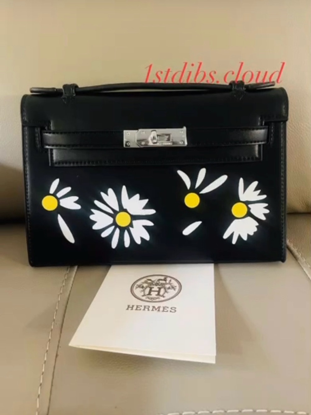 Limited Ed. Hermes Black Swift Leather White & Yellow Daisy Kelly Pochette Bag